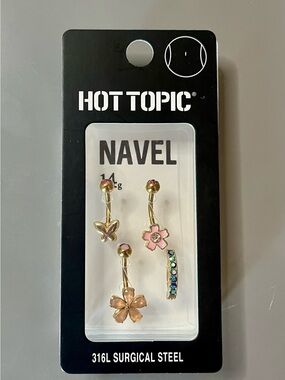 Hot Topic 4pc Navel Ring Set NIB 14g Gold Butterfly Flower Aurora-NIB